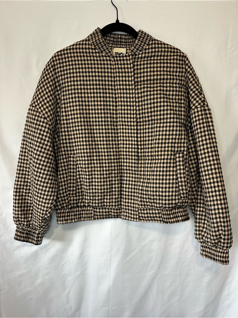 FRNCH Paris Womens Small Gingham Check Bomber Jacket Zip Snap Front Cropped
